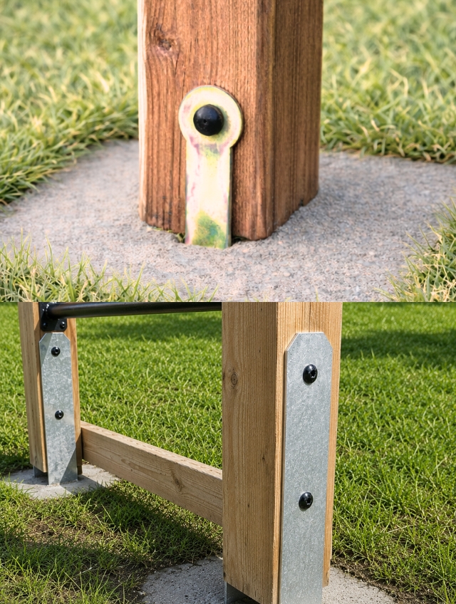 Ancrages au sol d'une aire de jeux en bois dans un jardin